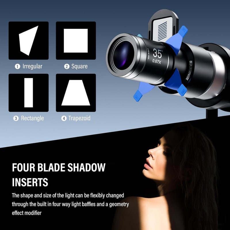 soonpho Bowens Mount Projector Attachment with Dual Magnetic GOBO Frame 4 Shutters,Optical Snoot Photography Kit for COB LED Light Compatible with Aputure Amaran Godox Neewer,4 Color Filters & 25 Gobos - Image 3